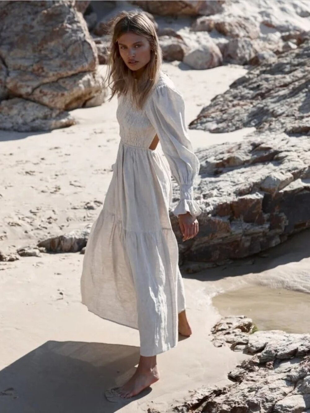 DISSH Jorja Linen Maxi Dress Long Sleeve Open Back AU10 US6